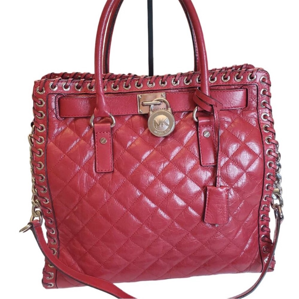 Michael Kors Hamilton Hippie Grommet Dark Red Quilted Leather Satchel Bag